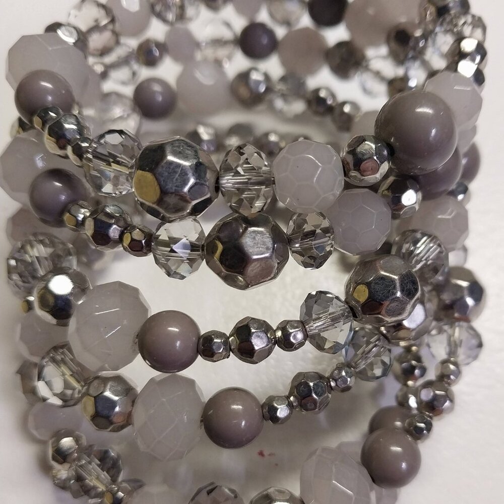 Crystal and Glass Gray Silver Six Coil Bracelet